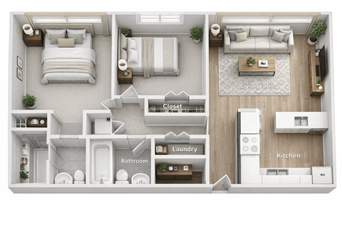 Floor plan for 2 beds, 1.5 baths, 800 sqft